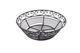 A round, black powder coated metal basket from the TableCraft BK27508 Mediterranean Collection, featuring a wide opening and decorative scrollwork along the rim. The airy wire design stands empty against a plain white background.