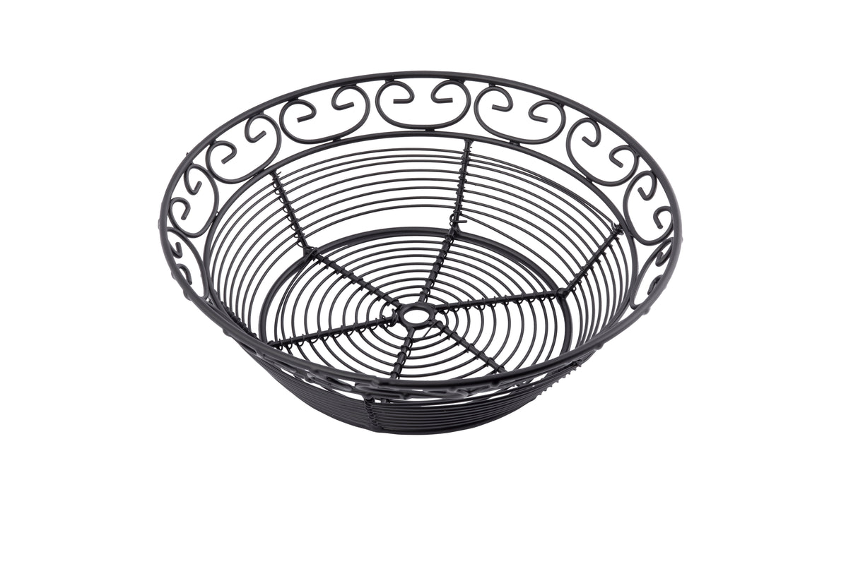 A round, black powder coated metal basket from the Mediterranean Collection Basket line, featuring a decorative swirled pattern around the rim and a circular wire base design, set against a plain white background.