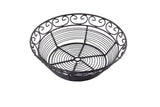 A round, black powder coated metal basket from the Mediterranean Collection Basket line, featuring a decorative swirled pattern around the rim and a circular wire base design, set against a plain white background.