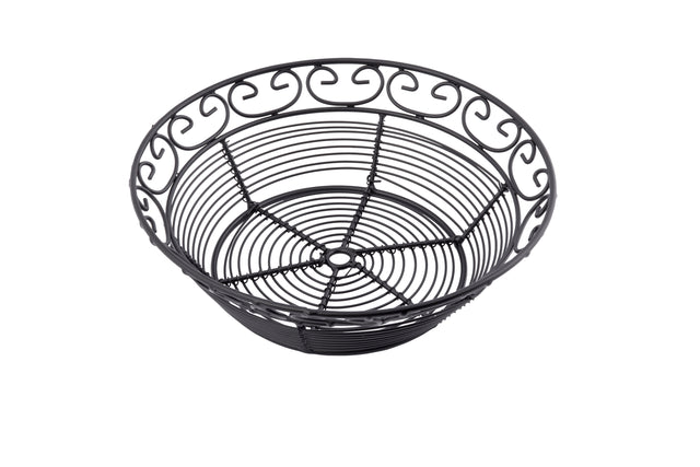 A round, black powder coated metal basket from the Mediterranean Collection Basket line, featuring a decorative swirled pattern around the rim and a circular wire base design, set against a plain white background.