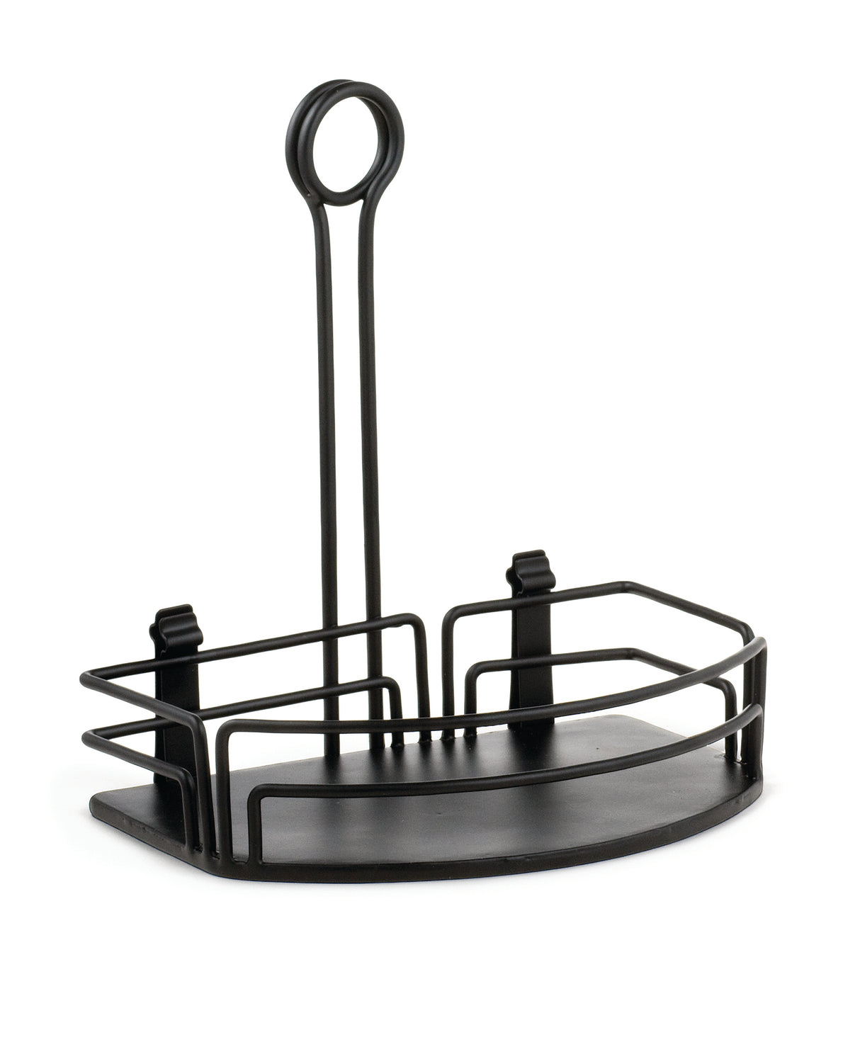 A black powder coated metal shower caddy with a semicircular base, vertical sides, and a tall central handle ending in a circular loop for hanging. This Versa Rack features two small hooks on the upper rim for holding bathroom essentials.
