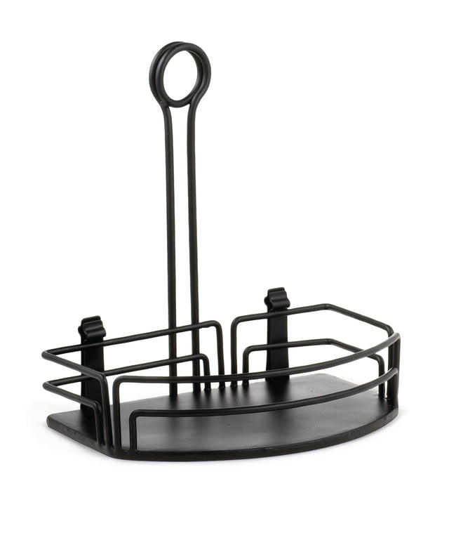 A black powder coated metal shower caddy with a semicircular base, vertical sides, and a tall central handle ending in a circular loop for hanging. This Versa Rack features two small hooks on the upper rim for holding bathroom essentials.
