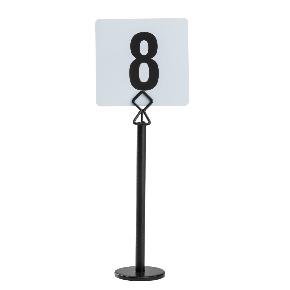 A black powder coated metal number card holder stand holds a white square card displaying a bold black number 8. The stand has a round, flat base and a clip securing the card upright. The background is plain white.