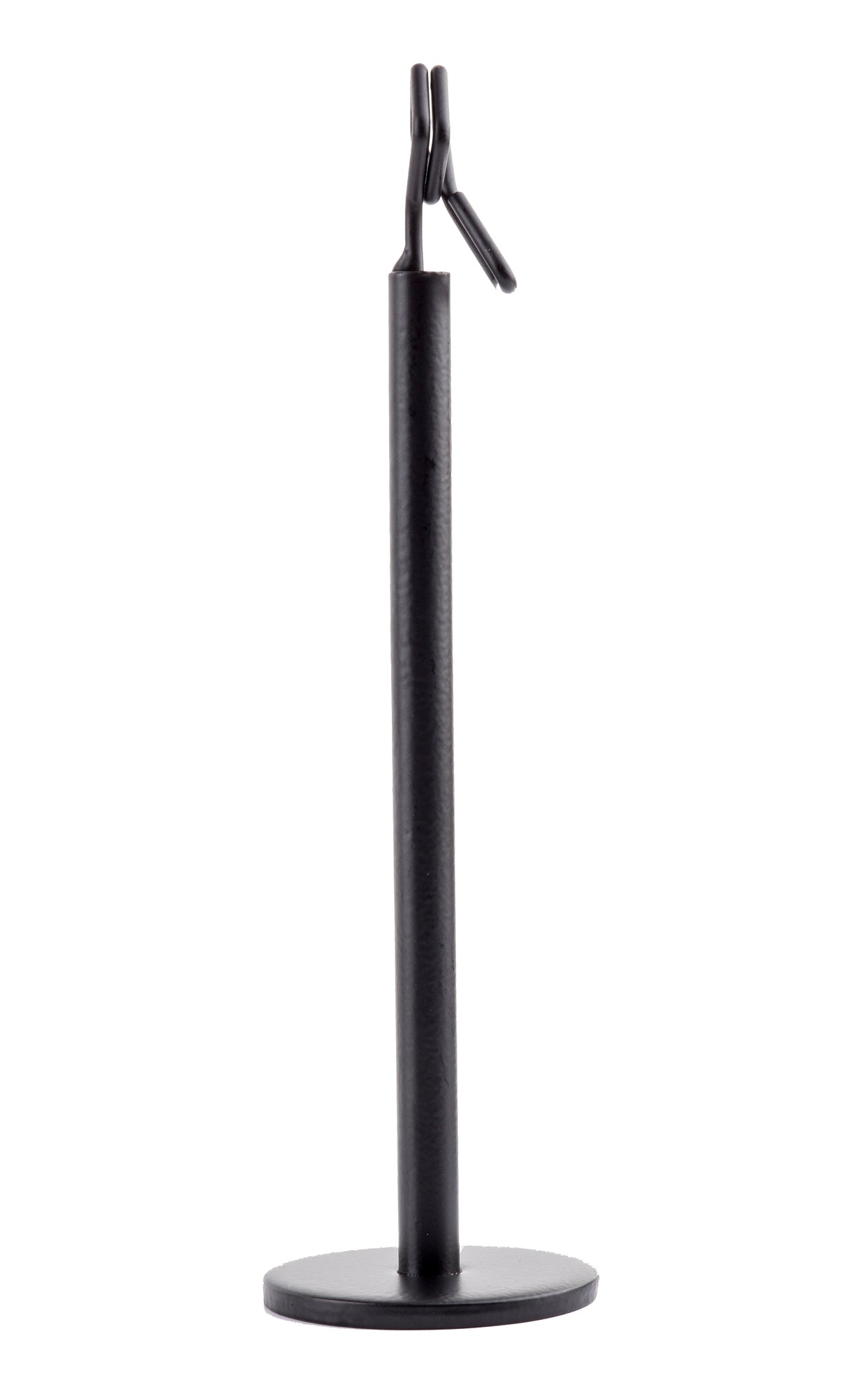 A black powder coated metal number card holder stand with a round base, tall cylindrical stem, and forked top with two prongs and a small handle, photographed against a white background. The minimal design reflects Tablecraft's industrial style.