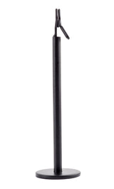 A black powder coated metal number card holder stand with a round base, tall cylindrical stem, and forked top with two prongs and a small handle, photographed against a white background. The minimal design reflects Tablecraft's industrial style.