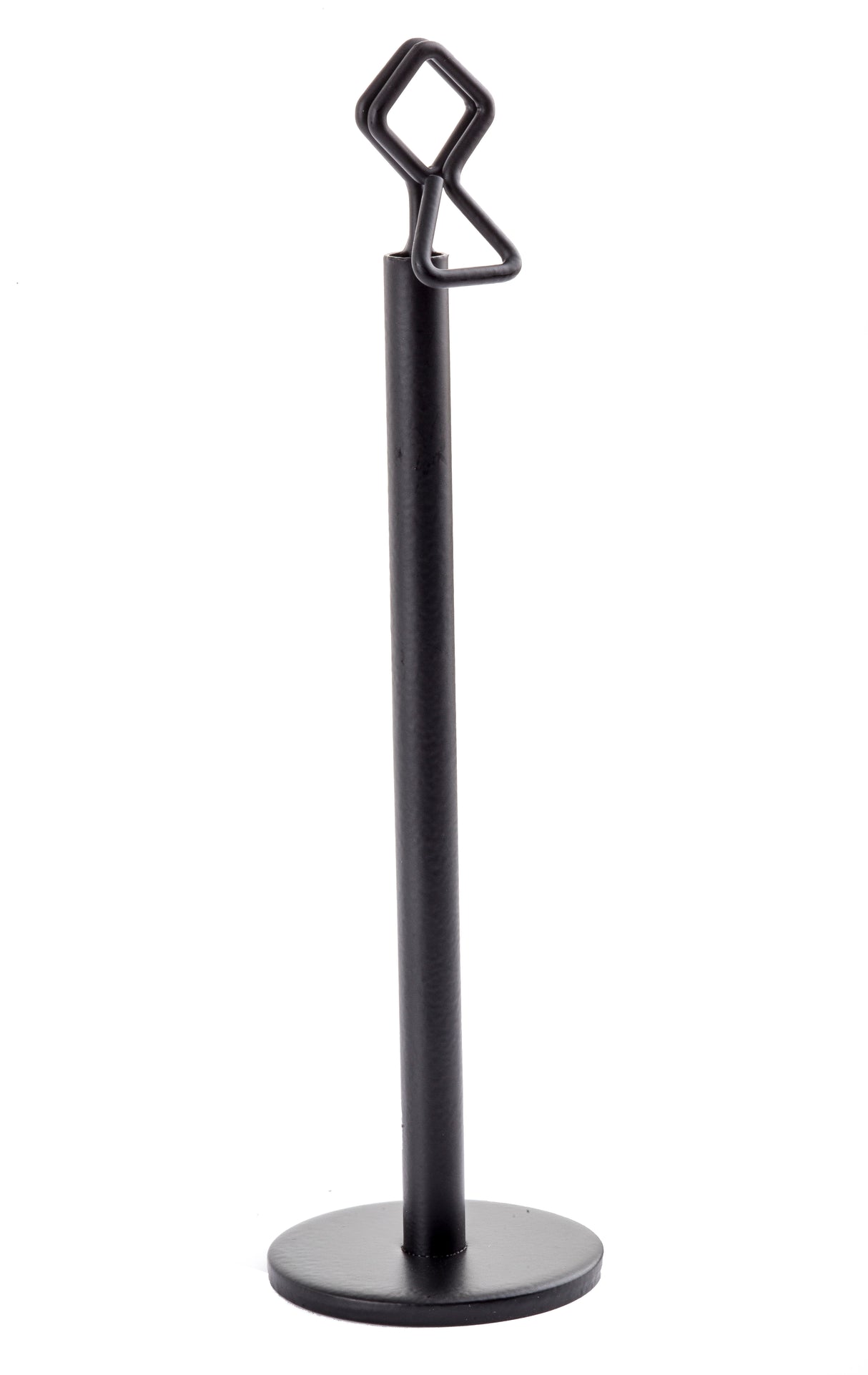 A black powder coated metal stand with a round base and vertical rod, featuring a geometric loop and zigzag-shaped hook. This minimalist, modern number card holder stand by Tablecraft is perfect for stylishly displaying items or signs.