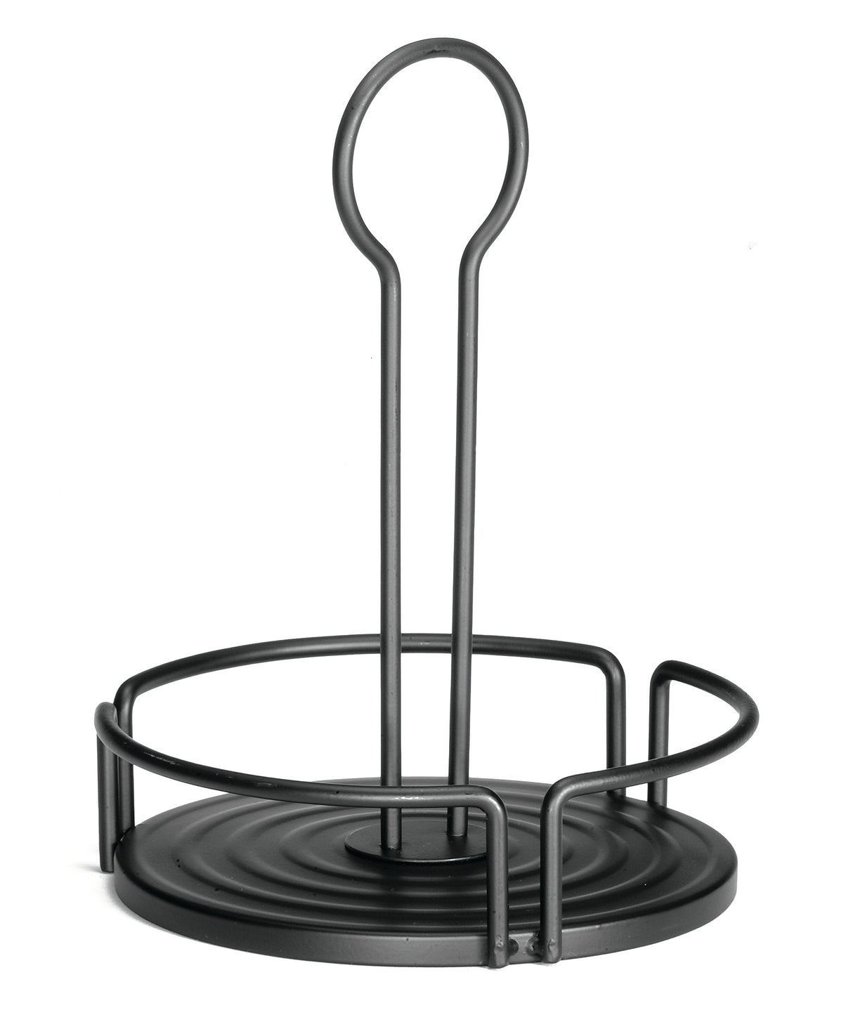 A black metal Versa Rack from TableCraft Products features a round base with three upright bars forming a partial circle. Its tall, looped handle ensures easy carrying—ideal as a minimalist shakers dispensers holder or for napkins and bottles.