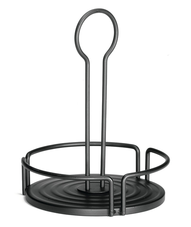 A black metal Versa Rack from TableCraft Products features a round base with three upright bars forming a partial circle. Its tall, looped handle ensures easy carrying—ideal as a minimalist shakers dispensers holder or for napkins and bottles.