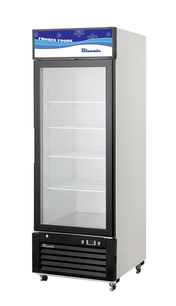 A tall, upright commercial freezer with a glass door, white sides, and black trim. Featuring three wire shelves and small wheels, this freezer merchandiser displays a blue "FROZEN FOODS" and "Blucain" sign at the top. The unit is empty.