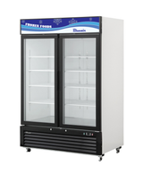 A commercial glass door freezer with white sides, black trim, and interior shelves. The top displays a blue sign with snowflakes and the words Frozen Foods and Alucoin. This freezer merchandiser is on wheels for easy mobility.