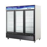 A commercial freezer merchandiser featuring three glass doors with a white exterior, black trim, and a blue “FROZEN FOODS” sign. Each glass door reveals empty white shelves, while ventilation grilles and wheels provide mobility and efficient cooling.