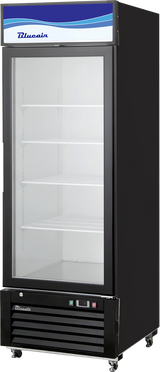 A tall, black commercial display cooler with a glass door, three white wire shelves, and the brand name Blusain on the illuminated top sign. The refrigerated merchandiser features a vented base, control panel, casters, and stands empty and upright.
