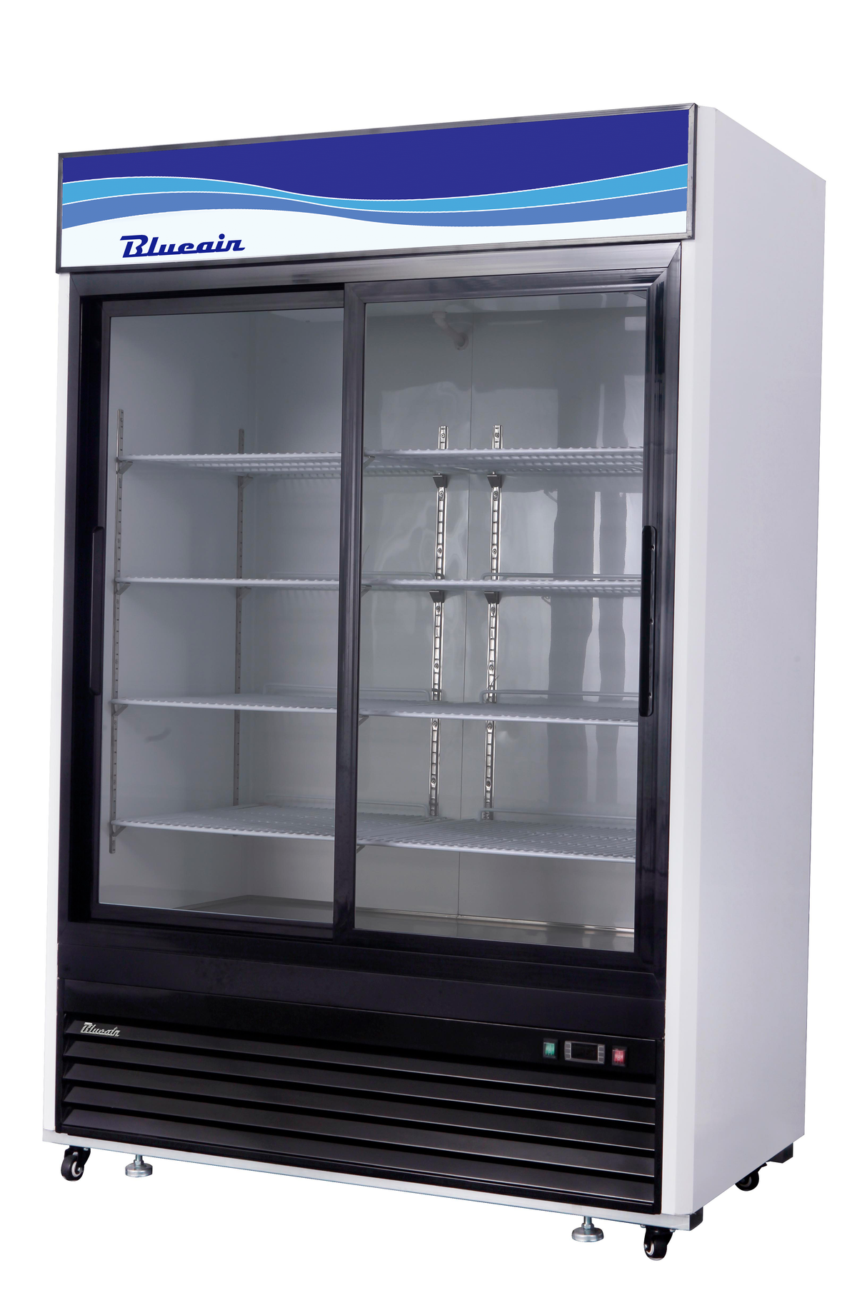 A large refrigerated merchandiser with sliding glass doors, metal shelves, and a white and blue Blueair sign at the top. The black vented base stands on wheels, and energy-efficient LED interior lighting keeps the empty fridge brightly illuminated.