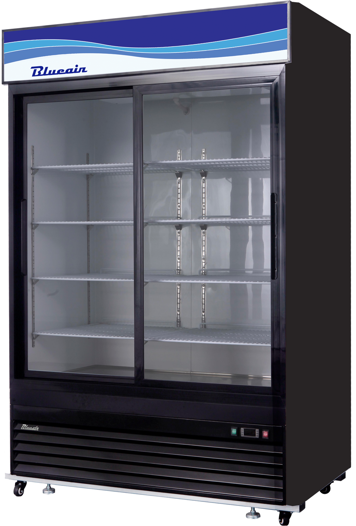 A commercial refrigerator with a black frame, four adjustable metal shelves, and sliding glass doors. The top panel features a blue and white wave design with Bluecain branding. This refrigerated merchandiser stands on wheels with control buttons at the bottom right.