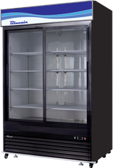 A commercial refrigerator with a black frame, four adjustable metal shelves, and sliding glass doors. The top panel features a blue and white wave design with Bluecain branding. This refrigerated merchandiser stands on wheels with control buttons at the bottom right.