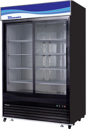 A commercial refrigerator with a black frame, four adjustable metal shelves, and sliding glass doors. The top panel features a blue and white wave design with Bluecain branding. This refrigerated merchandiser stands on wheels with control buttons at the bottom right.