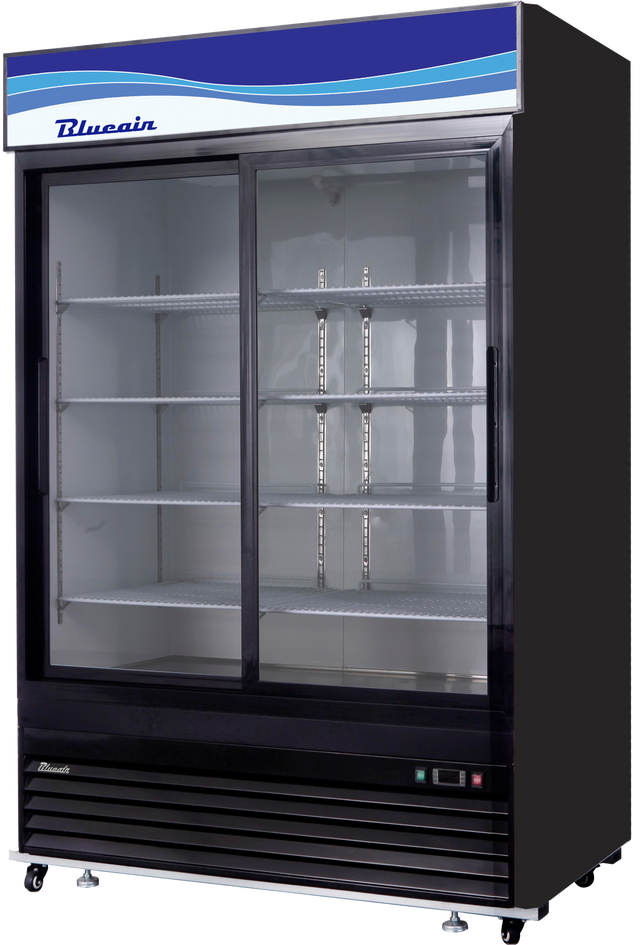 A commercial refrigerator with a black frame, four adjustable metal shelves, and sliding glass doors. The top panel features a blue and white wave design with Bluecain branding. This refrigerated merchandiser stands on wheels with control buttons at the bottom right.