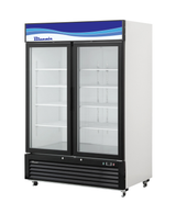 A commercial glass door refrigerator with a blue and white Blueair sign sits on wheels. The refrigerated merchandiser features empty shelves, black trim, a vented black base, and clear doors revealing its spacious white interior.