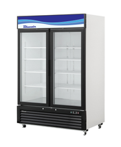 A commercial glass door refrigerator with a blue and white Blueair sign sits on wheels. The refrigerated merchandiser features empty shelves, black trim, a vented black base, and clear doors revealing its spacious white interior.