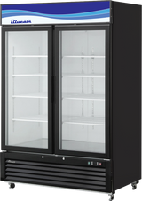 A 49 Cu. Ft. Refrigerated Merchandiser featuring double pane glass doors, a black exterior, empty white wire shelves, and a blue “Blueair” label with a wavy graphic on top. The fridge stands on caster wheels for easy mobility.