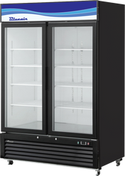 A 49 Cu. Ft. Refrigerated Merchandiser featuring double pane glass doors, a black exterior, empty white wire shelves, and a blue “Blueair” label with a wavy graphic on top. The fridge stands on caster wheels for easy mobility.