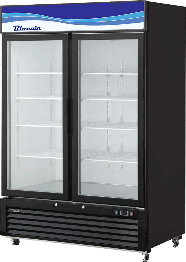 A 49 Cu. Ft. Refrigerated Merchandiser featuring double pane glass doors, a black exterior, empty white wire shelves, and a blue “Blueair” label with a wavy graphic on top. The fridge stands on caster wheels for easy mobility.
