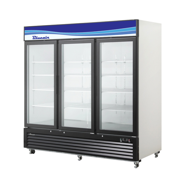 A large glass door refrigerator with three clear doors reveals empty white shelves inside. This refrigerated merchandiser features a black vented base, wheels for mobility, and a blue “Blueair” sign with decorative wave patterns at the top.