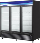 A three-section refrigerated merchandiser with three glass doors, black frame, and wheels. Features bottom-mount refrigeration, multiple adjustable white shelves, and a top panel with a blue wave design and Blueair branding. The fridge is empty.