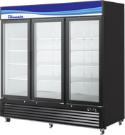 A three-section refrigerated merchandiser with three glass doors, black frame, and wheels. Features bottom-mount refrigeration, multiple adjustable white shelves, and a top panel with a blue wave design and Blueair branding. The fridge is empty.