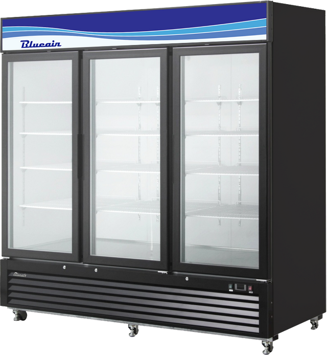 A three-section refrigerated merchandiser with three glass doors, black frame, and wheels. Features bottom-mount refrigeration, multiple adjustable white shelves, and a top panel with a blue wave design and Blueair branding. The fridge is empty.