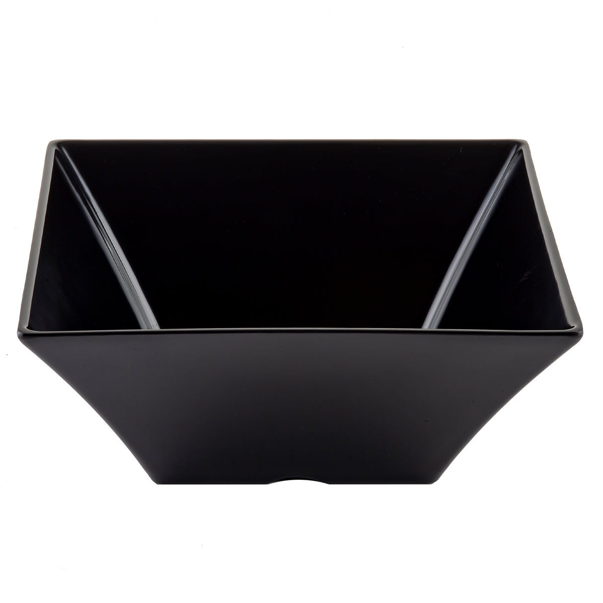 A top-down view of a black, empty, square-shaped melamine bowl with slightly flared, straight sides and sharp corners. The smooth matte Frostone Collection Bowl sits against a plain white background and is dishwasher safe.