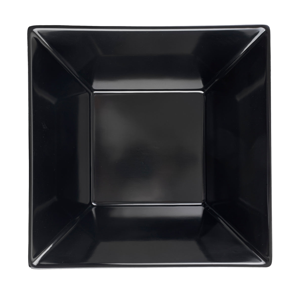 A black, glossy Frostone Collection Bowl with slightly raised, angled edges is viewed from above against a white background. This square-shaped melamine bowl is dishwasher safe, featuring a flat reflective center and darker sloped sides.