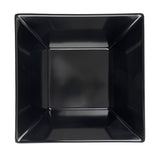 A black, glossy Frostone Collection Bowl with slightly raised, angled edges is viewed from above against a white background. This square-shaped melamine bowl is dishwasher safe, featuring a flat reflective center and darker sloped sides.