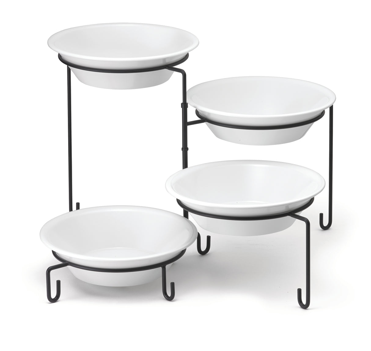 Four white round bowls are displayed on a black powder coated metal four-tiered stand, arranged in a staggered formation. Slip resistant sleeves ensure stability, while the white background highlights the contrasting stands.
