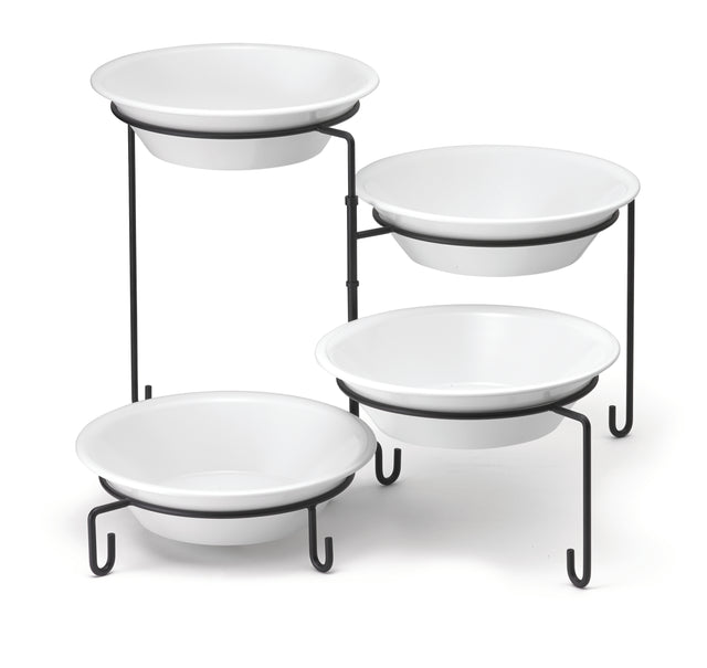 Four white round bowls are displayed on a black powder coated metal four-tiered stand, arranged in a staggered formation. Slip resistant sleeves ensure stability, while the white background highlights the contrasting stands.