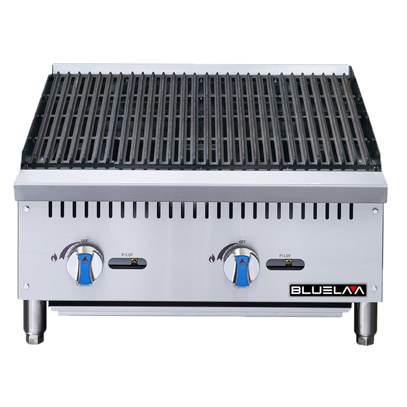 A stainless steel countertop charbroiler with two blue control knobs, black grill grates, and the BLUELA logo on the front. This commercial appliance stands on four short legs and is designed for efficient use in busy kitchens.