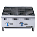A stainless steel countertop charbroiler with two blue control knobs, black grill grates, and the BLUELA logo on the front. This commercial appliance stands on four short legs and is designed for efficient use in busy kitchens.