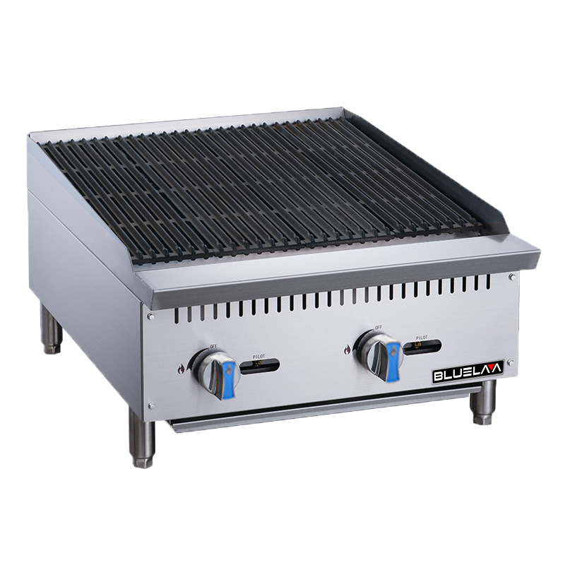 A stainless steel countertop commercial gas charbroiler with black grill grates, two blue-handled control knobs, and four sturdy legs. The front panel features the Bluslama logo. Its boxy, robust design is ideal for professional kitchens.
