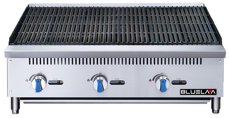 A commercial stainless steel countertop gas charbroiler with three blue control knobs, an ignition indicator for each knob, a black grill top, and the brand name “BLUELAM” displayed on the bottom right corner of the front panel.