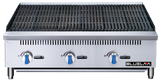 A commercial stainless steel countertop gas charbroiler with three blue control knobs, an ignition indicator for each knob, a black grill top, and the brand name “BLUELAM” displayed on the bottom right corner of the front panel.