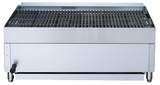 A stainless steel gas countertop charbroiler with a rectangular shape, featuring a solid metal body and large cooking grate. Control knobs on the lower front and a clean, modern industrial design make it ideal for restaurant or professional kitchen use.