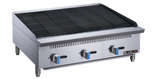 A stainless steel countertop gas charbroiler with three control knobs on the front, black grill grates on top, blue accents on the knobs, and the "Blueline" brand on the lower right corner. The unit features sturdy metal legs.