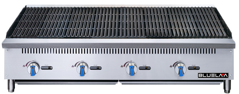 A commercial stainless steel gas charbroiler with four blue and silver control knobs, a rectangular black grill top, air vents above the knobs, and the BLUELAM logo on the lower right corner, set against a plain white background.