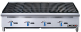 A commercial stainless steel gas charbroiler with four blue and silver control knobs, a rectangular black grill top, air vents above the knobs, and the BLUELAM logo on the lower right corner, set against a plain white background.
