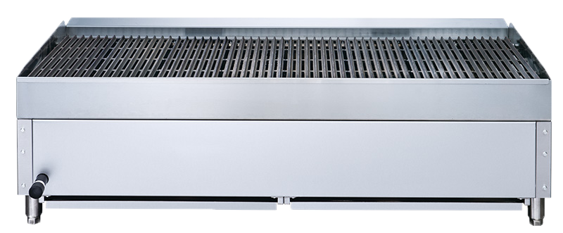A stainless steel countertop charbroiler with a wide rectangular cooking surface featuring parallel metal bars, a front control lever on the left side, and a sleek, minimalist design set against a plain white background. Gas-powered for efficient grilling.