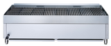 A stainless steel countertop charbroiler with a wide rectangular cooking surface featuring parallel metal bars, a front control lever on the left side, and a sleek, minimalist design set against a plain white background. Gas-powered for efficient grilling.