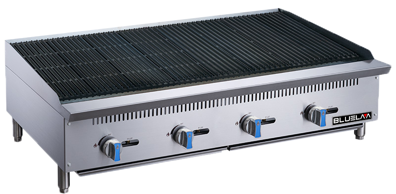 A large commercial stainless steel countertop gas charbroiler with four control knobs, blue accents, and a wide black grill surface, branded “BLUELMA” on the front panel, elevated on four short legs against a white background.