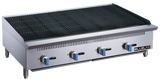 A large commercial stainless steel countertop gas charbroiler with four control knobs, blue accents, and a wide black grill surface, branded “BLUELMA” on the front panel, elevated on four short legs against a white background.