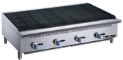 A large commercial stainless steel countertop gas charbroiler with four control knobs, blue accents, and a wide black grill surface, branded “BLUELMA” on the front panel, elevated on four short legs against a white background.