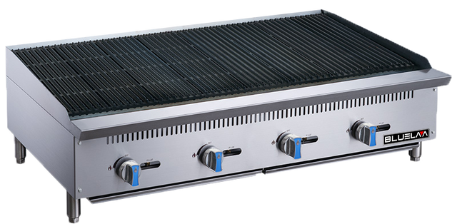 A large commercial stainless steel countertop gas charbroiler with four control knobs, blue accents, and a wide black grill surface, branded “BLUELMA” on the front panel, elevated on four short legs against a white background.